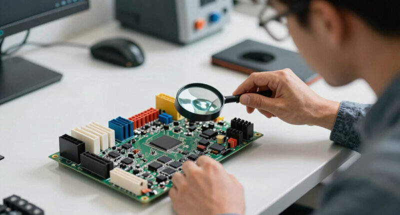 Examining circuit boards from the Space Shuttle's I/O Processor