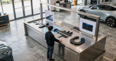 industrial kinetic displays shape hybrid exhibition and automotive service space in tbilisi