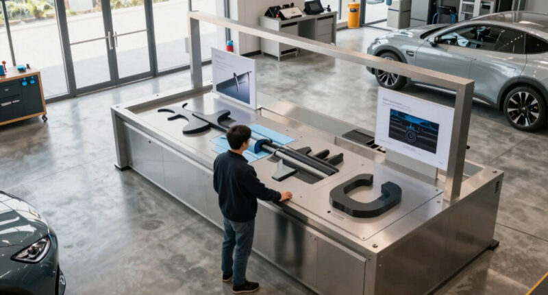 industrial kinetic displays shape hybrid exhibition and automotive service space in tbilisi