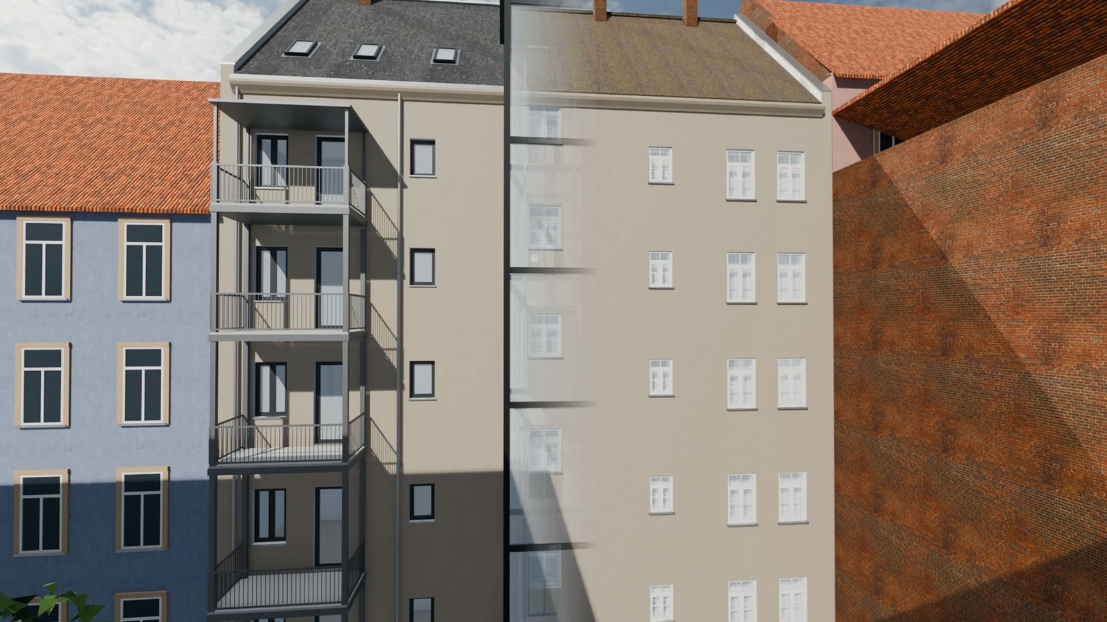 Courtyard facade of a fictional old apartment building, half before and half after renovation, with new balconies on the left