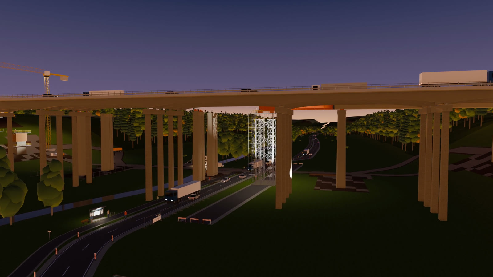 Fictional valley bridge at dusk with traffic on the deck, a tower crane and a lit scaffold tower beneath it